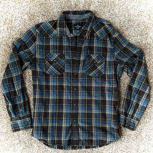 American Eagle Outfitters, Blue and black flannel, Button up, Snap Buttons, XL